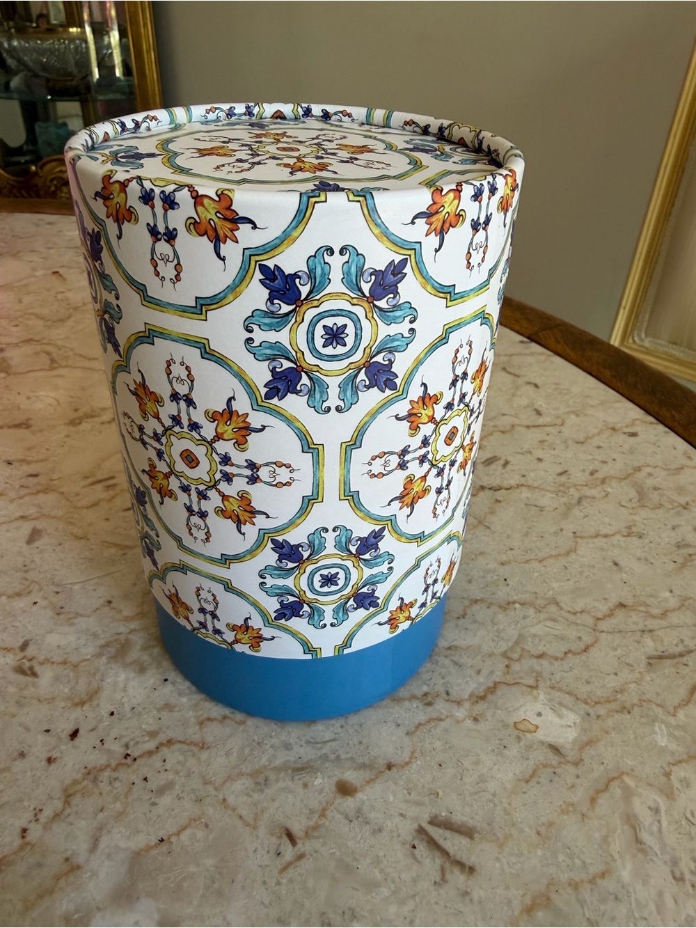 Decorative Ceramic Wastebasket with Blue and Multicolor Tile Motif